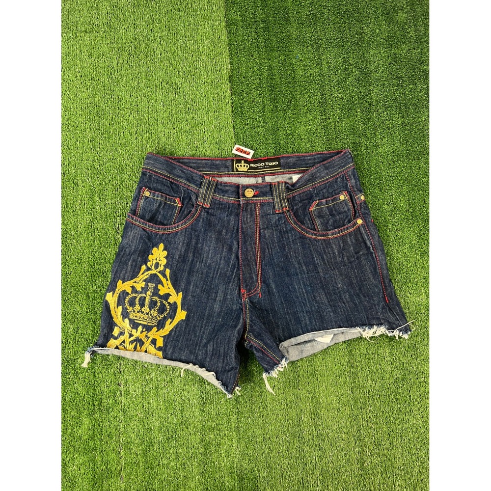 Ricco Tizio Rich Guy Denim Cut Off Shorts Dark Wash Gold Crown Embroidery 36